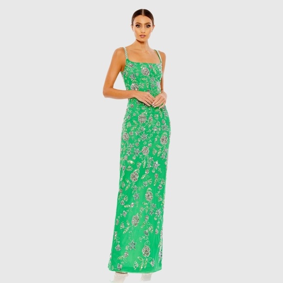 MAC DUGGAL 10808 NWT Hand Beaded Floral Gown with Beaded Spaghetti Straps - Picture 1 of 7